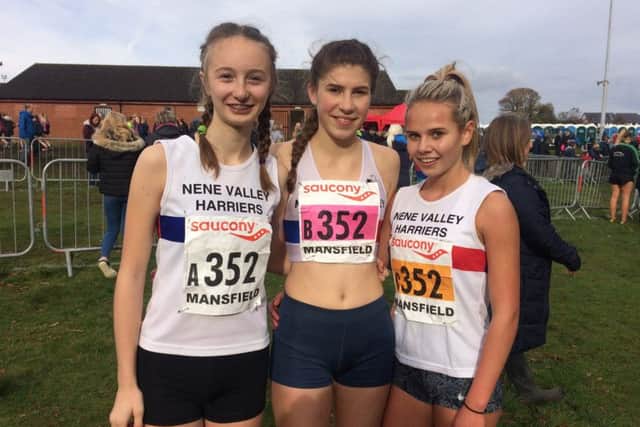 The speedy Nene Valley Harriers Under 17 girls trio of Josephine Fortune, Ellie Piccaver and Amber Park.