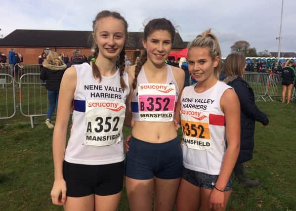 The speedy Nene Valley Harriers Under 17 girls trio of Josephine Fortune, Ellie Piccaver and Amber Park.