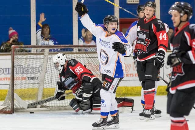 Glen Billing celebrates putting the Phantoms level at 1-1 against MK Thunder. Picture: Tom Scott