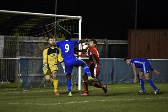 Avelino Vieira scores Peterborough Sports' second goal in their 3-2 defeat at the hands of Chasetown. Photo: James Richardson.