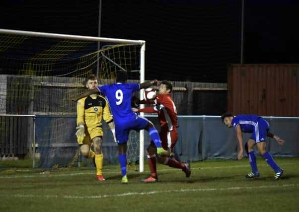 Avelino Vieira scores Peterborough Sports' second goal in their 3-2 defeat at the hands of Chasetown. Photo: James Richardson.