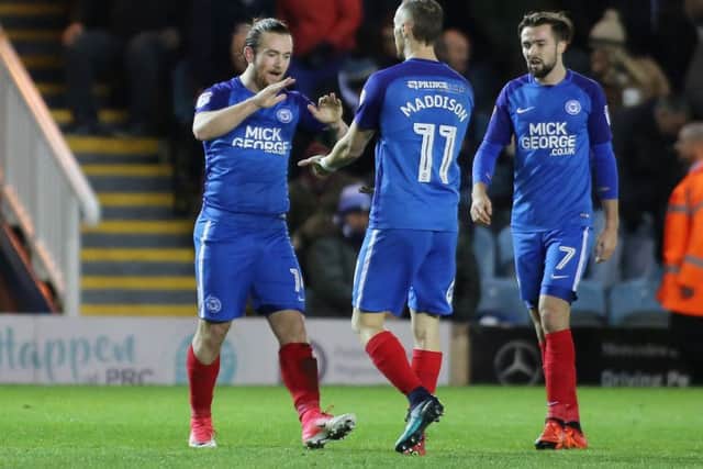 Jack Marriott thanks Posh team-mate Marcus Maddison for the assist on the opening goal against Portsmouth. Photo: Joe Dent/theposh.com.